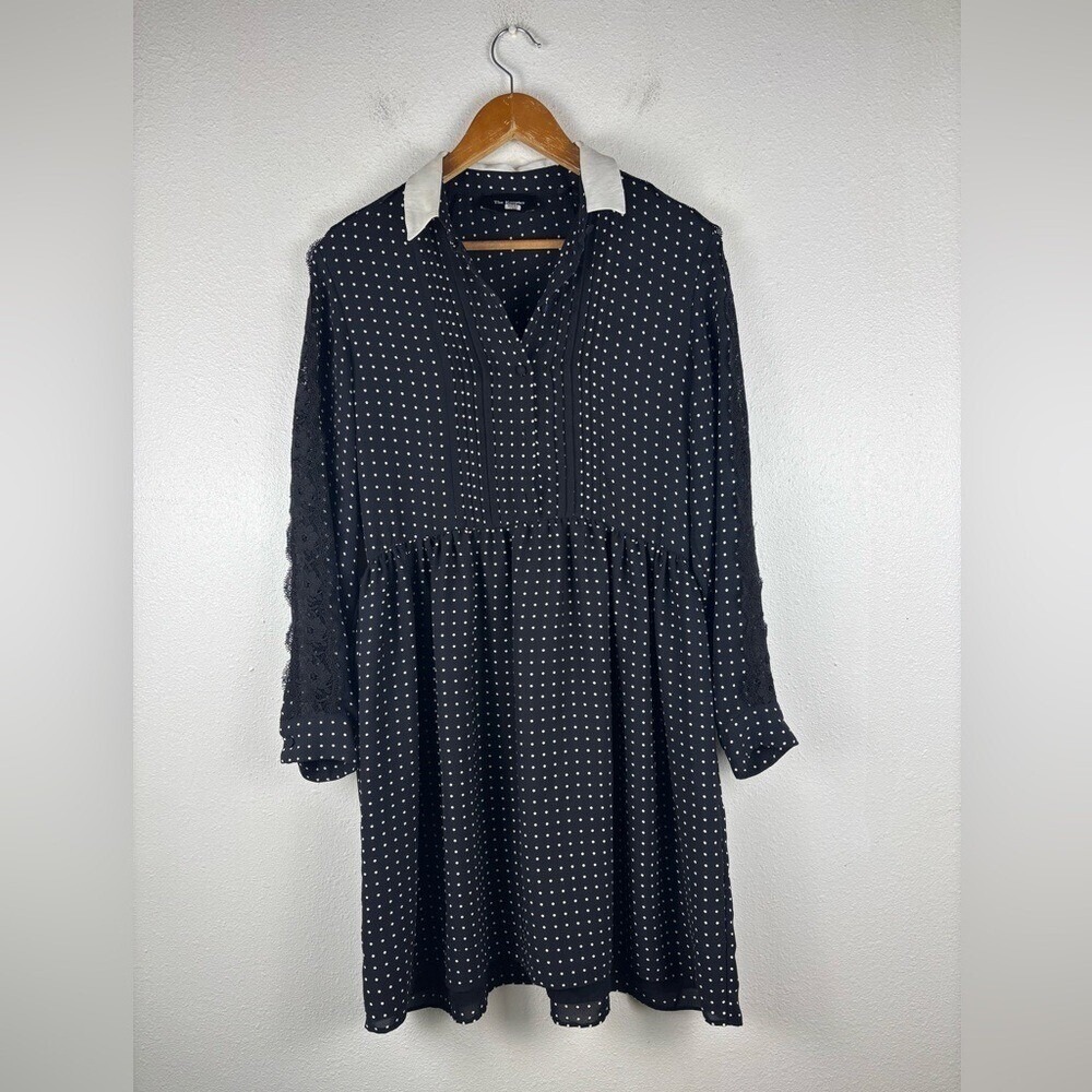The Kooples Medium Black and White Polka Dot Pleated Collared Dress Lace Teacher - Picture 2 of 13